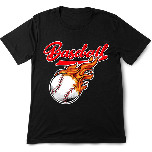 Black t-shirt with a fiery baseball graphic and 'Baseball' text on a white background