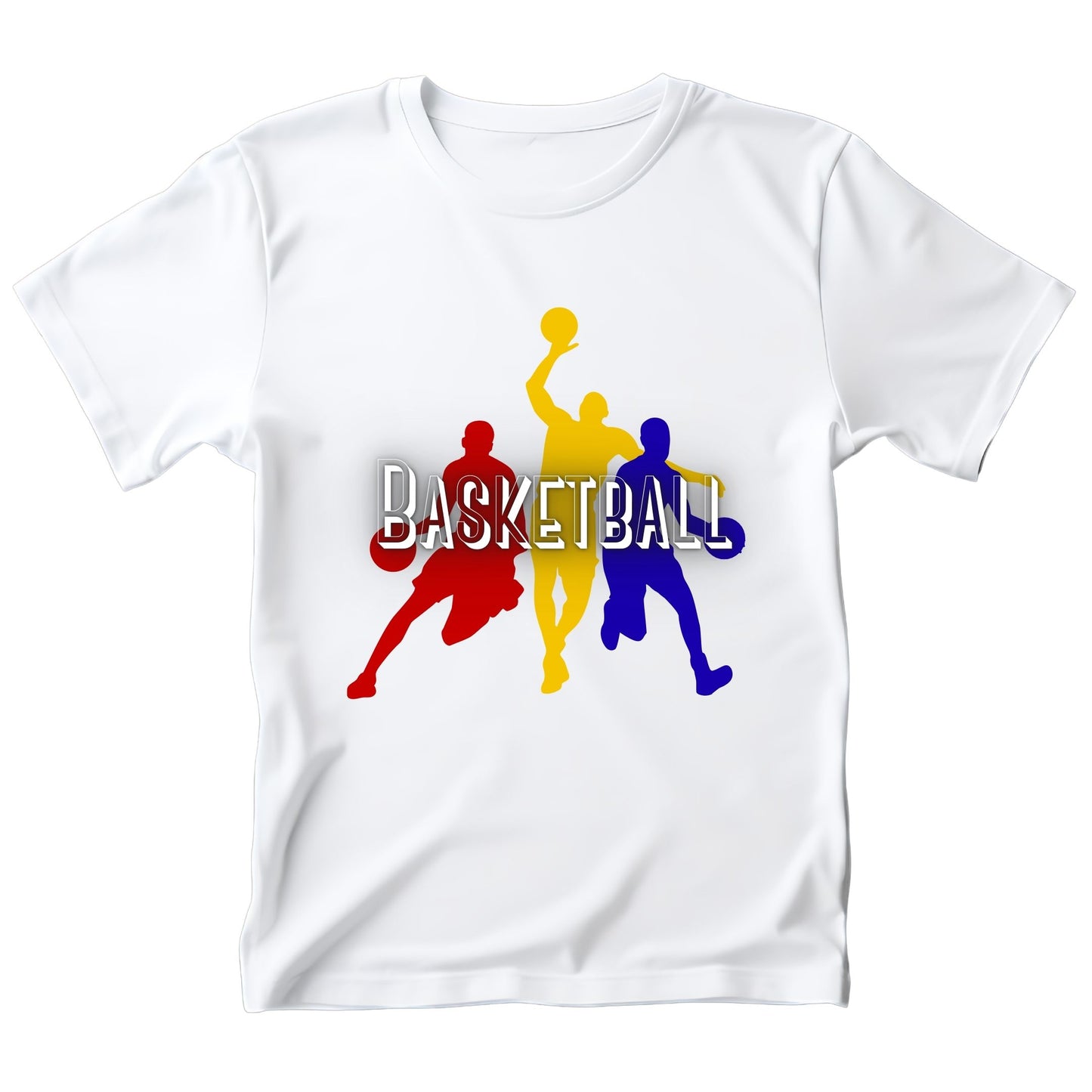 White t-shirt with colorful basketball player silhouettes and 'Basketball' text.