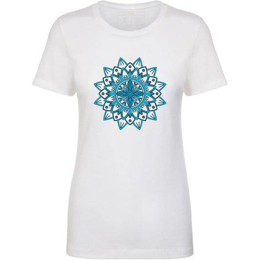 White t-shirt with a blue mandala design.