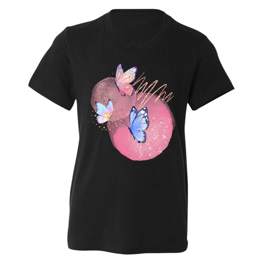 Black t-shirt with butterfly design.