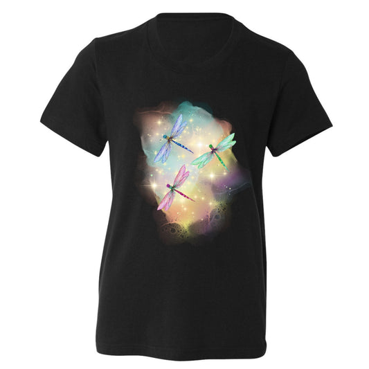 Black t-shirt with colorful dragonfly design.