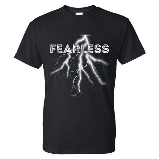 Black t-shirt with lightning design and 'FEARLESS' text on a white background