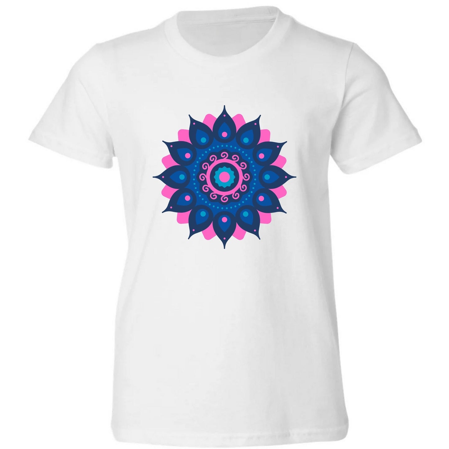 White t-shirt with a blue and pink mandala design.