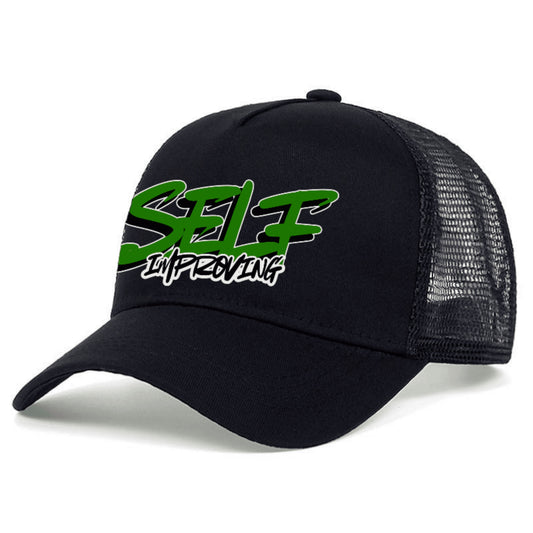 Black mesh cap with green and white text 'Self Improving'