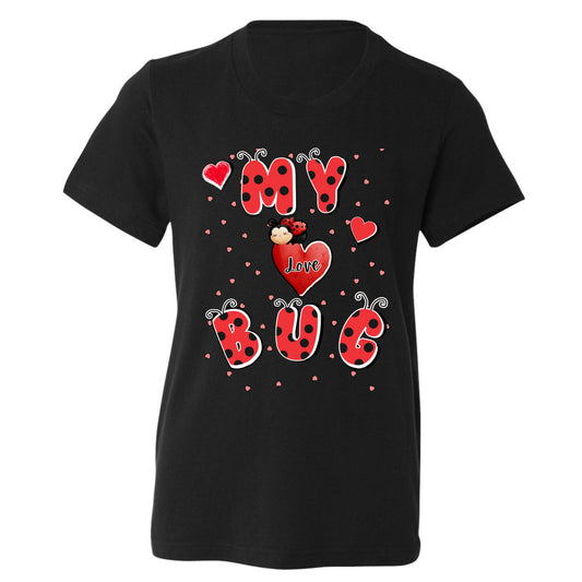 Black t-shirt with red and white ladybug design and text 'My Love Bug.'
