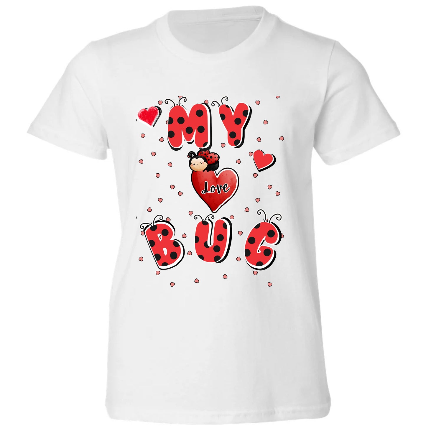 White t-shirt with ladybug design and text 'My Love Bug.'
