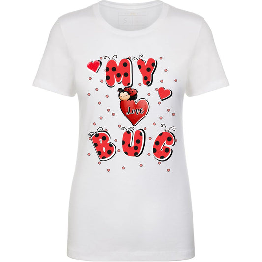 White t-shirt with red ladybug design and 'My Love Bug' text.