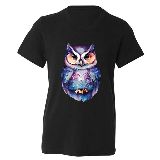 Black t-shirt with a colorful owl design.