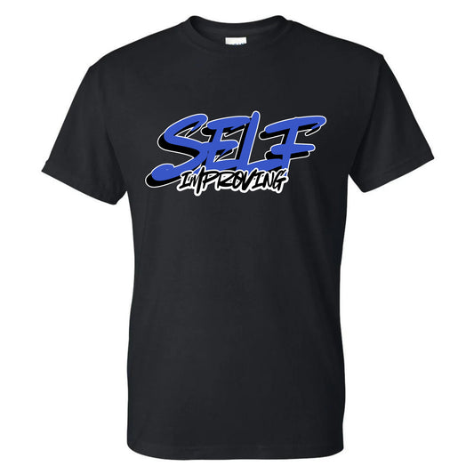Black t-shirt with blue and white text 'Self Improving.'