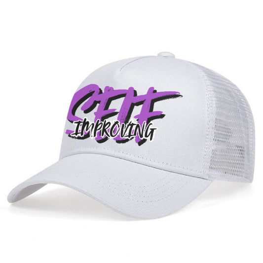 White cap with purple and black text 'Self Improving'
