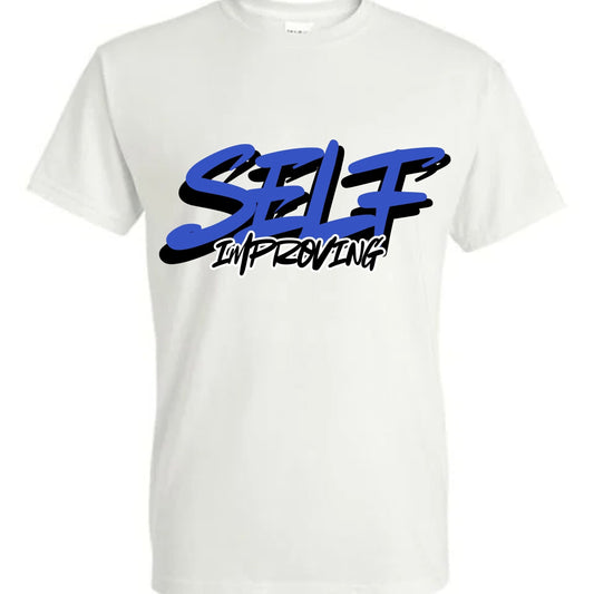White t-shirt with blue and black 'Self Improving' text.
