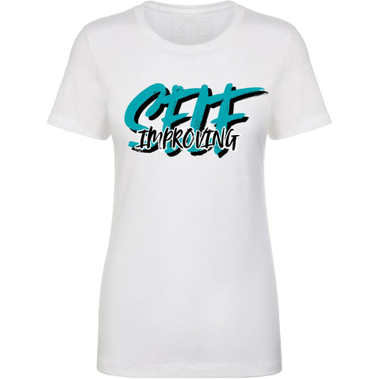 White t-shirt with blue and black 'Self Improving' text.