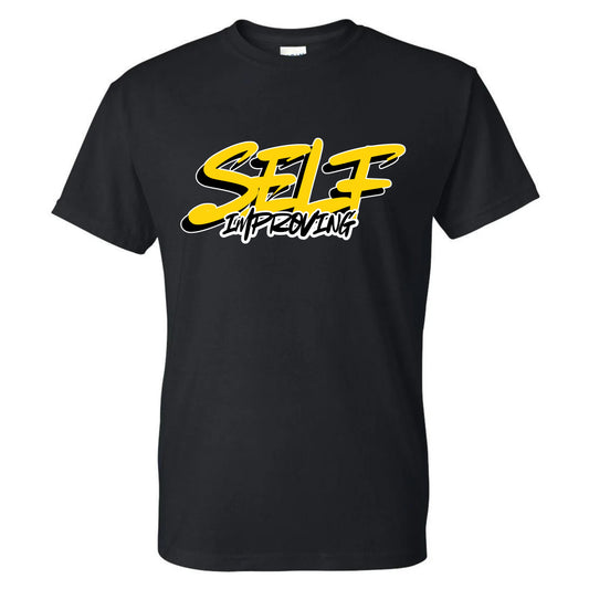 Black t-shirt with yellow and white text 'Self Improving.'