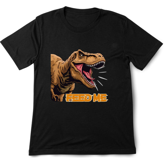 Black t-shirt with a dinosaur graphic and 'FEED ME' text.