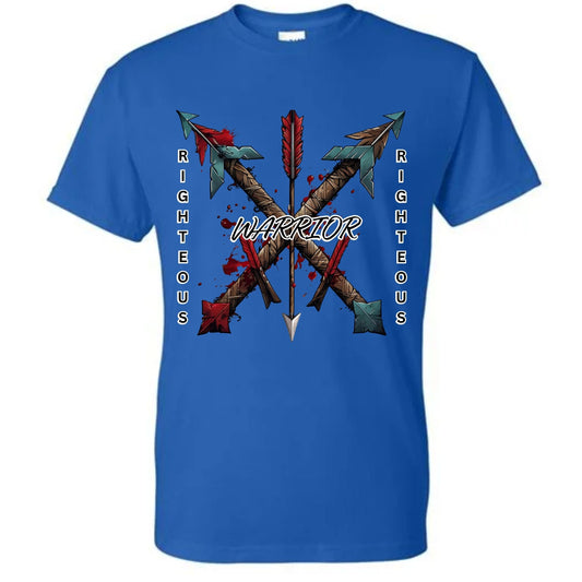 Blue t-shirt with crossed arrows design and 'Righteous Warrior' text.