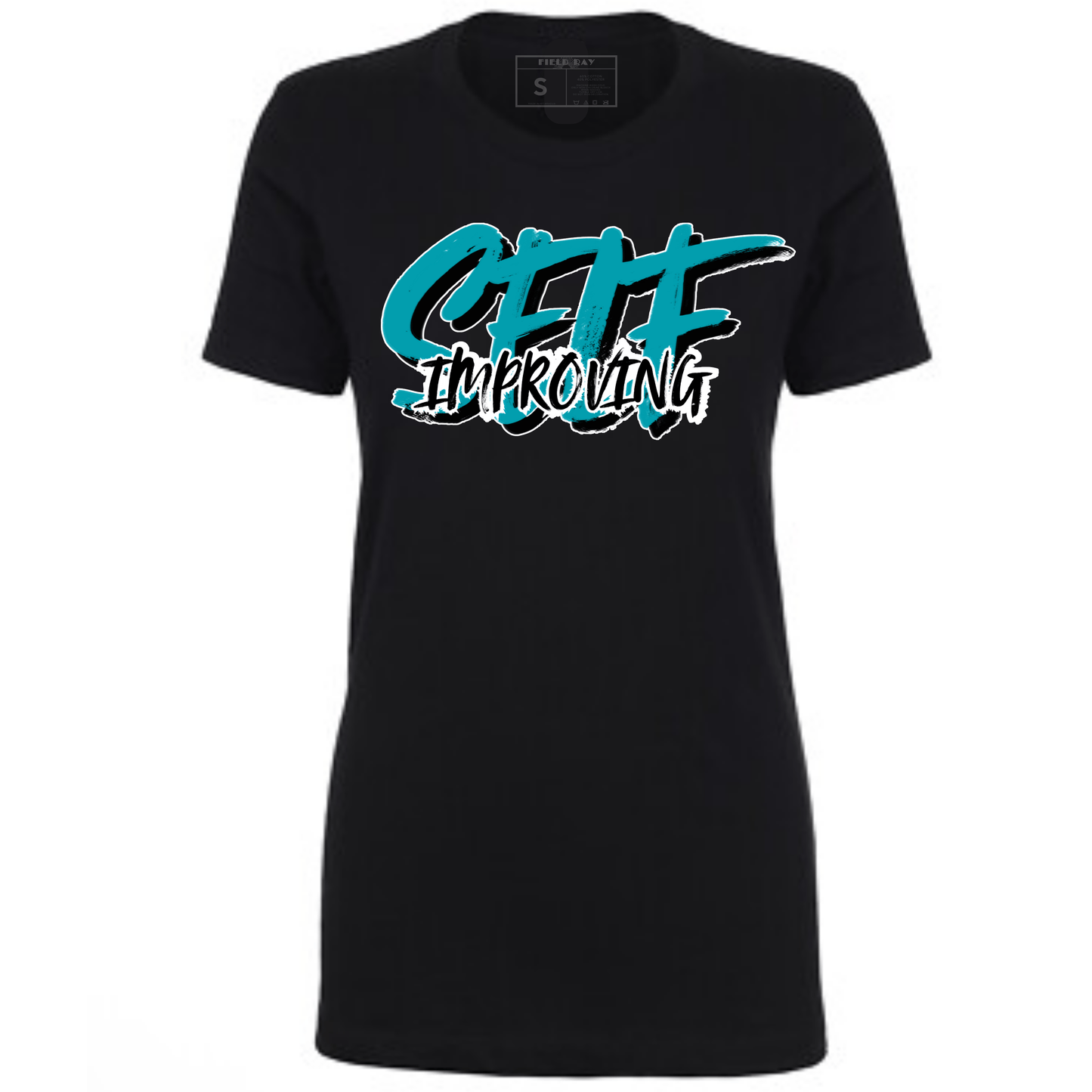 Black t-shirt with blue and white 'Self Improving' text.