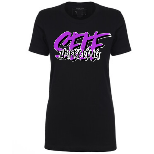 Black t-shirt with purple and white 'Self Improving' text.