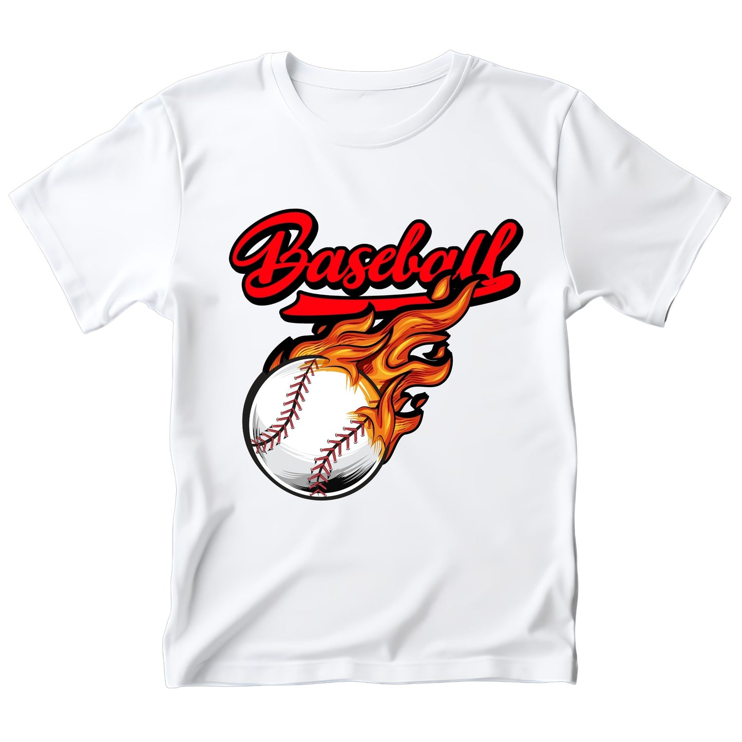 White t-shirt with a baseball graphic and 'Baseball' text on a white background