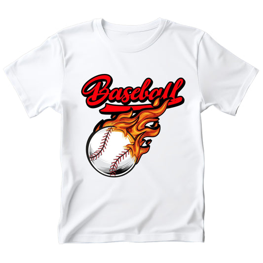 White t-shirt with a baseball graphic and 'Baseball' text on a white background