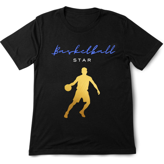 Black t-shirt with gold basketball player silhouette and blue text.