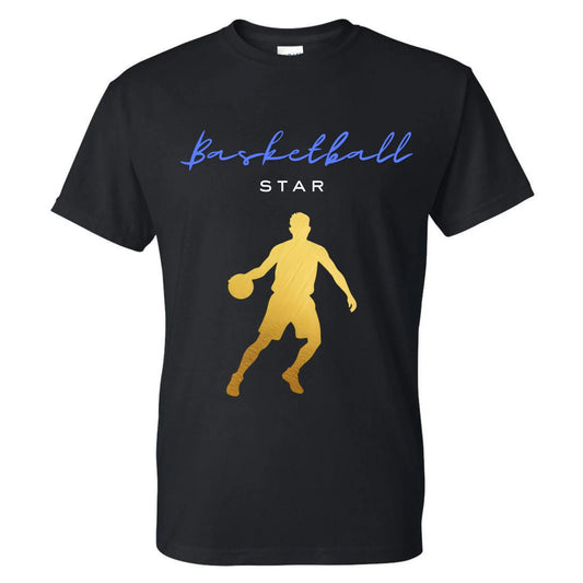 Black t-shirt with gold silhouette of a basketball player and blue text that says 'Basketball Star.'