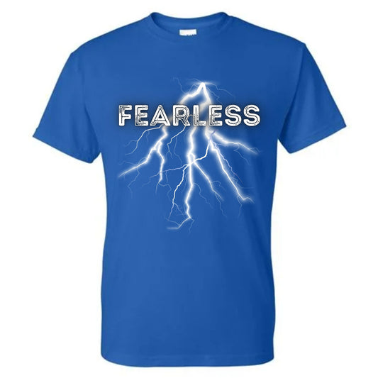 Blue t-shirt with 'FEARLESS' text and lightning design on a white background