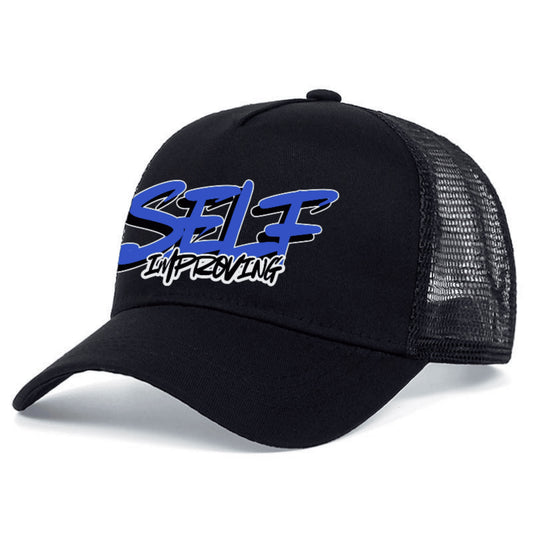 Black mesh cap with 'SELF IMPROVING' text in blue and white.