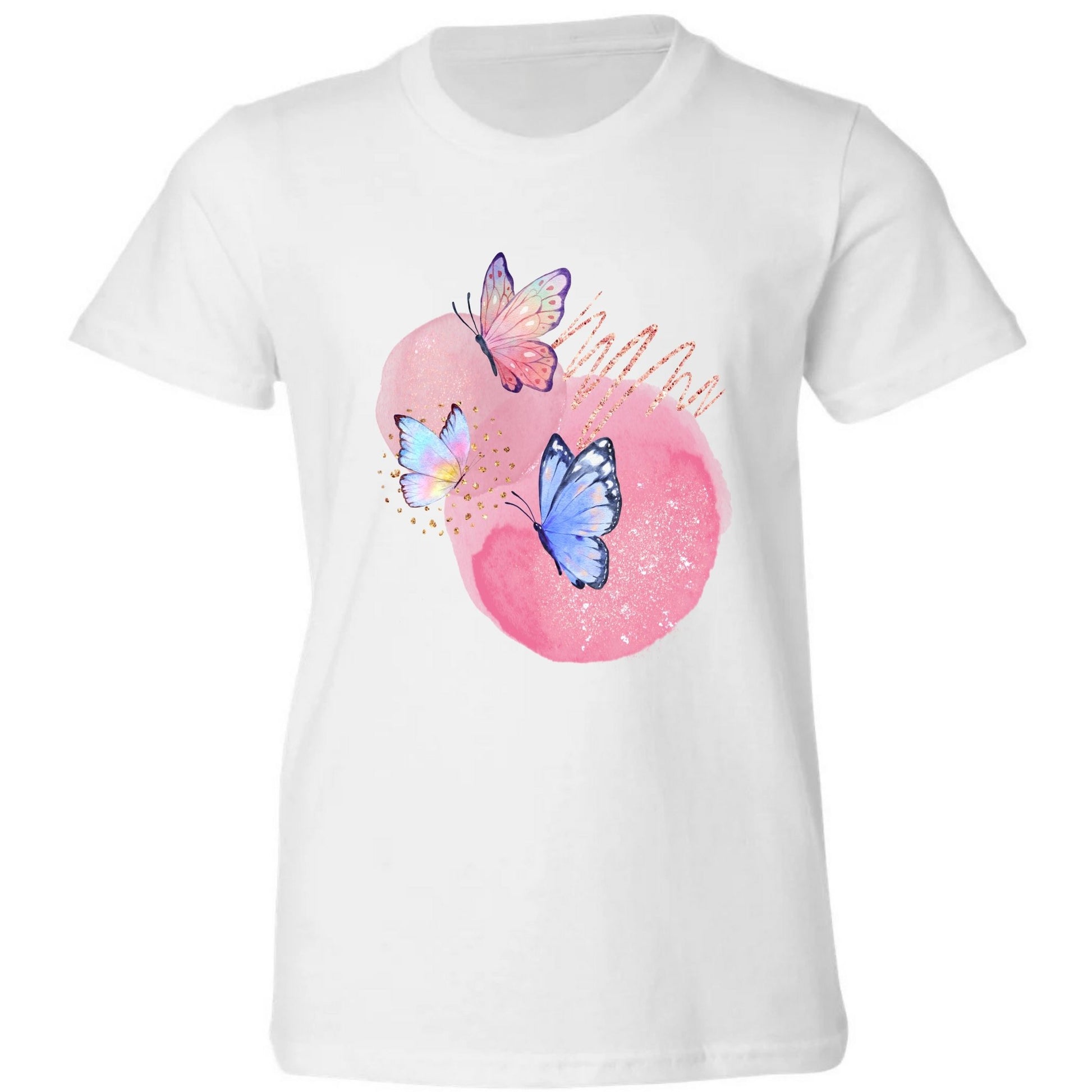 White t-shirt with colorful butterfly design.