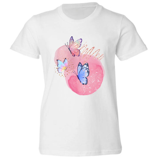 White t-shirt with colorful butterfly design.