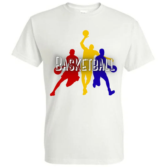 White t-shirt with colorful basketball player silhouettes and the word 'Basketball' on a white background