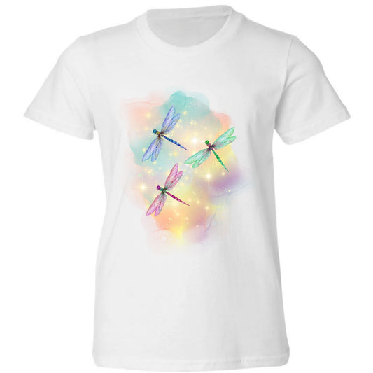 White t-shirt with colorful dragonfly design.