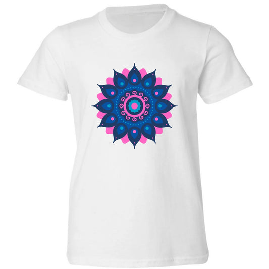 White t-shirt with a blue and pink mandala design.