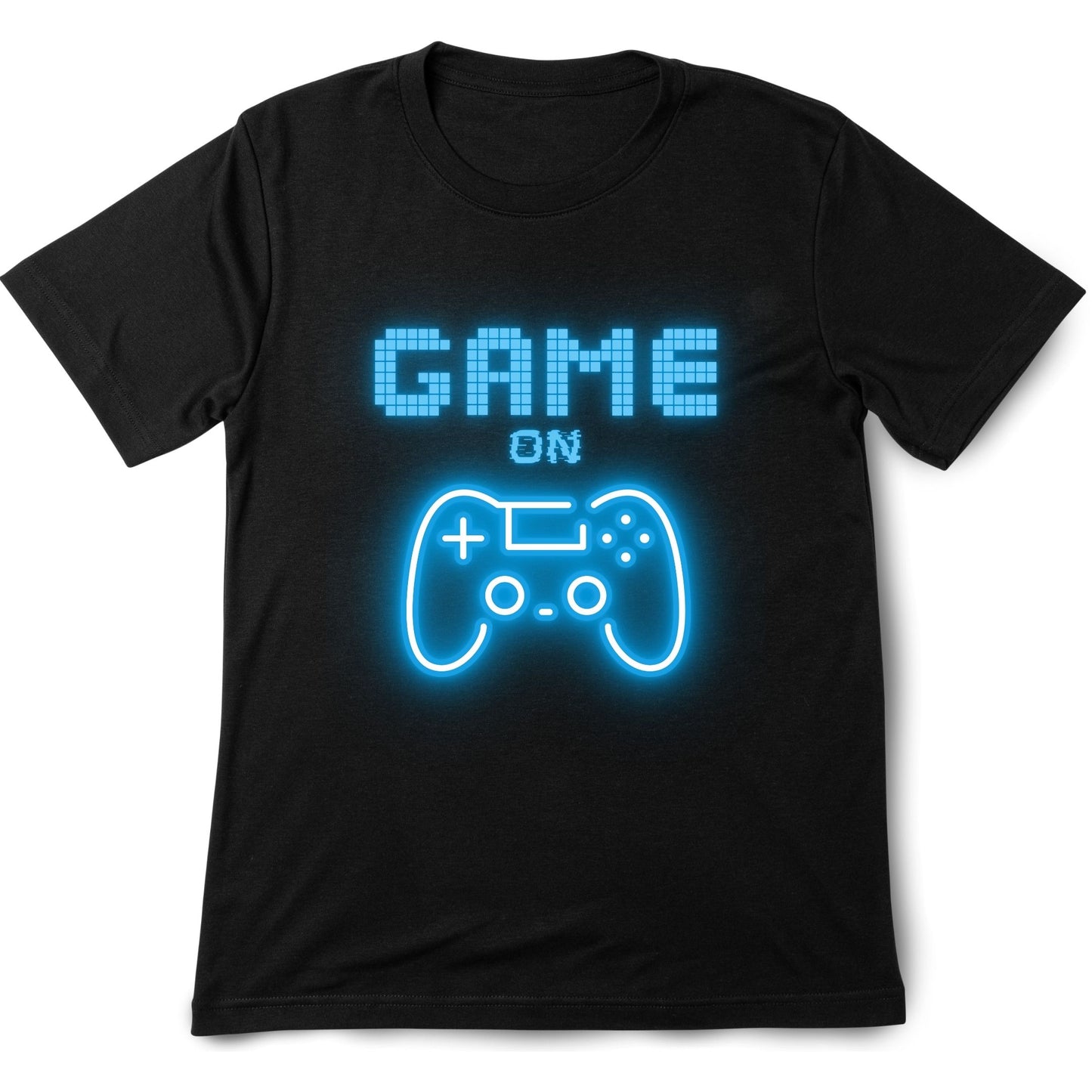 Black t-shirt with blue 'Game On' text and gaming controller graphic.