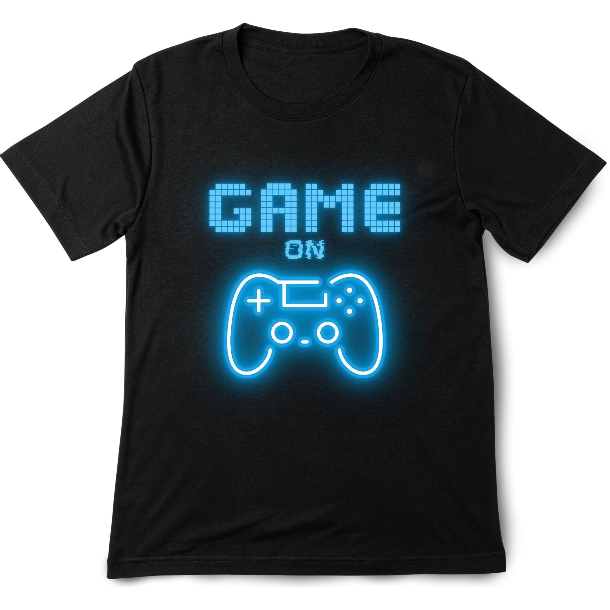 Black t-shirt with blue 'Game On' text and gaming controller graphic.