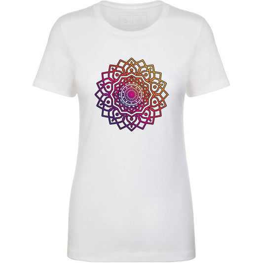 White t-shirt with a colorful mandala design.