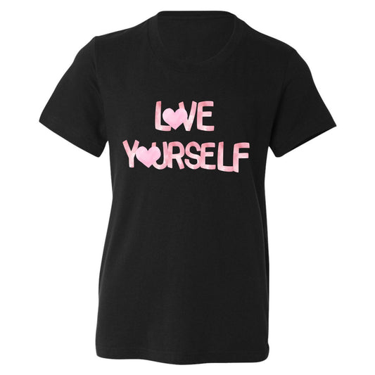 Black t-shirt with 'LOVE YOURSELF' in pink text on a white background