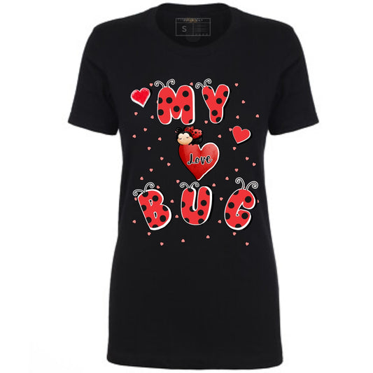 Black t-shirt with red ladybug design and 'My Love Bug' text.