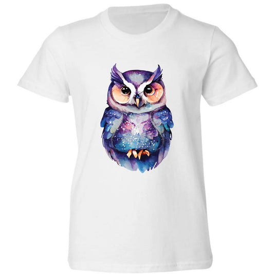 White t-shirt with a colorful owl design.