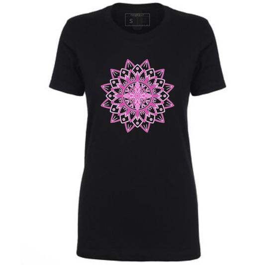 Black t-shirt with a pink mandala design.