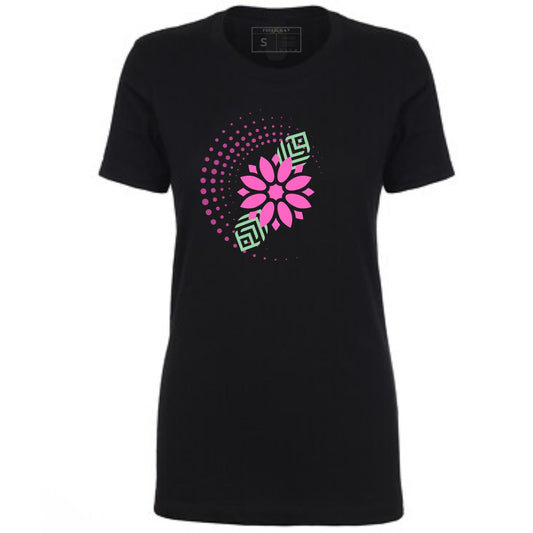 Black t-shirt with a pink flower and green geometric design.