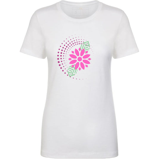 White t-shirt with a pink geometric flower design.