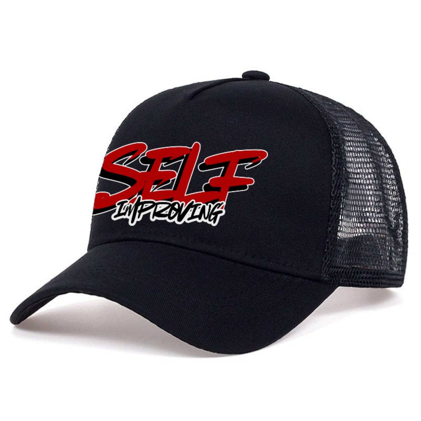 Black mesh cap with red and white text 'Self Improving'