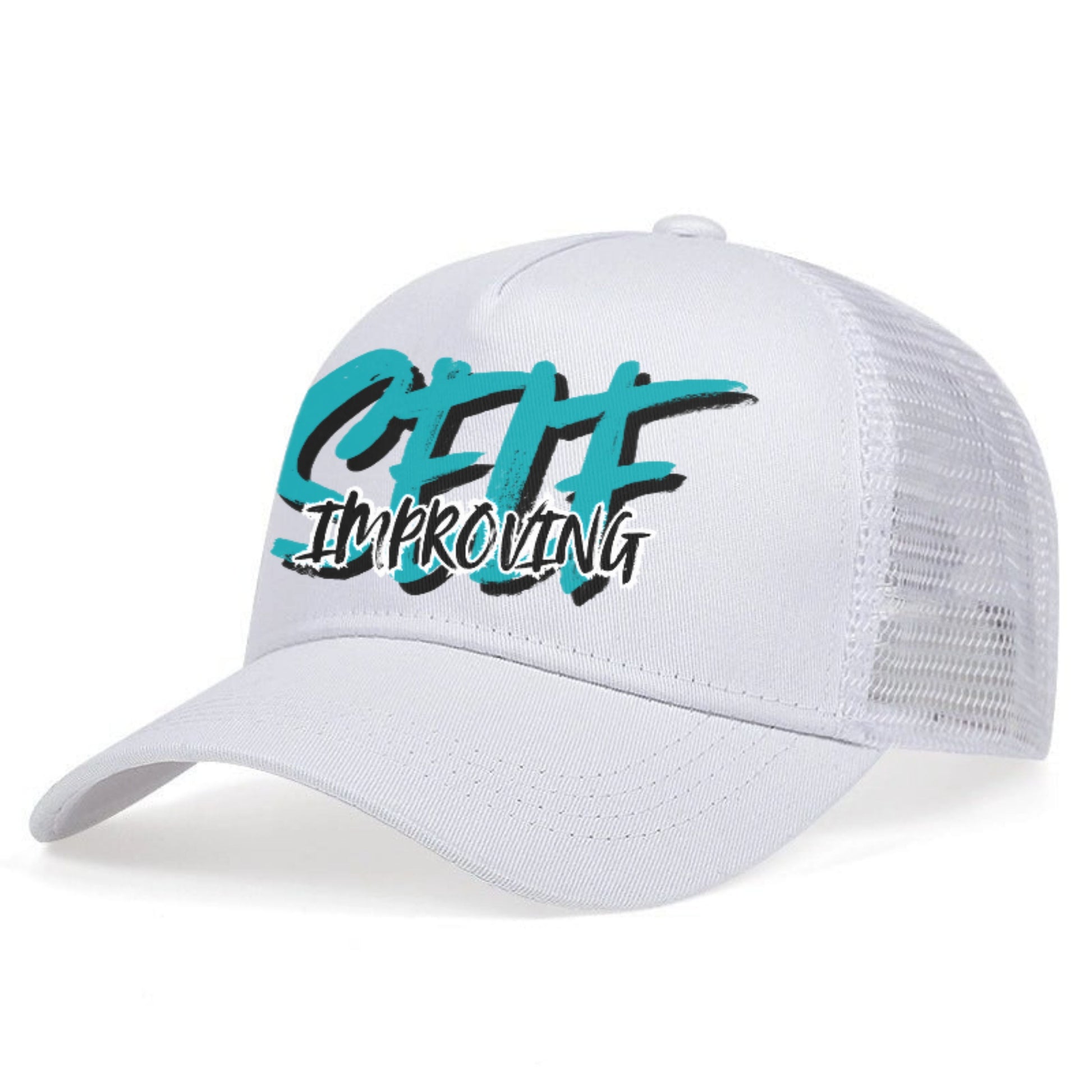 White cap with aqua blue and black text 'Self Improving'