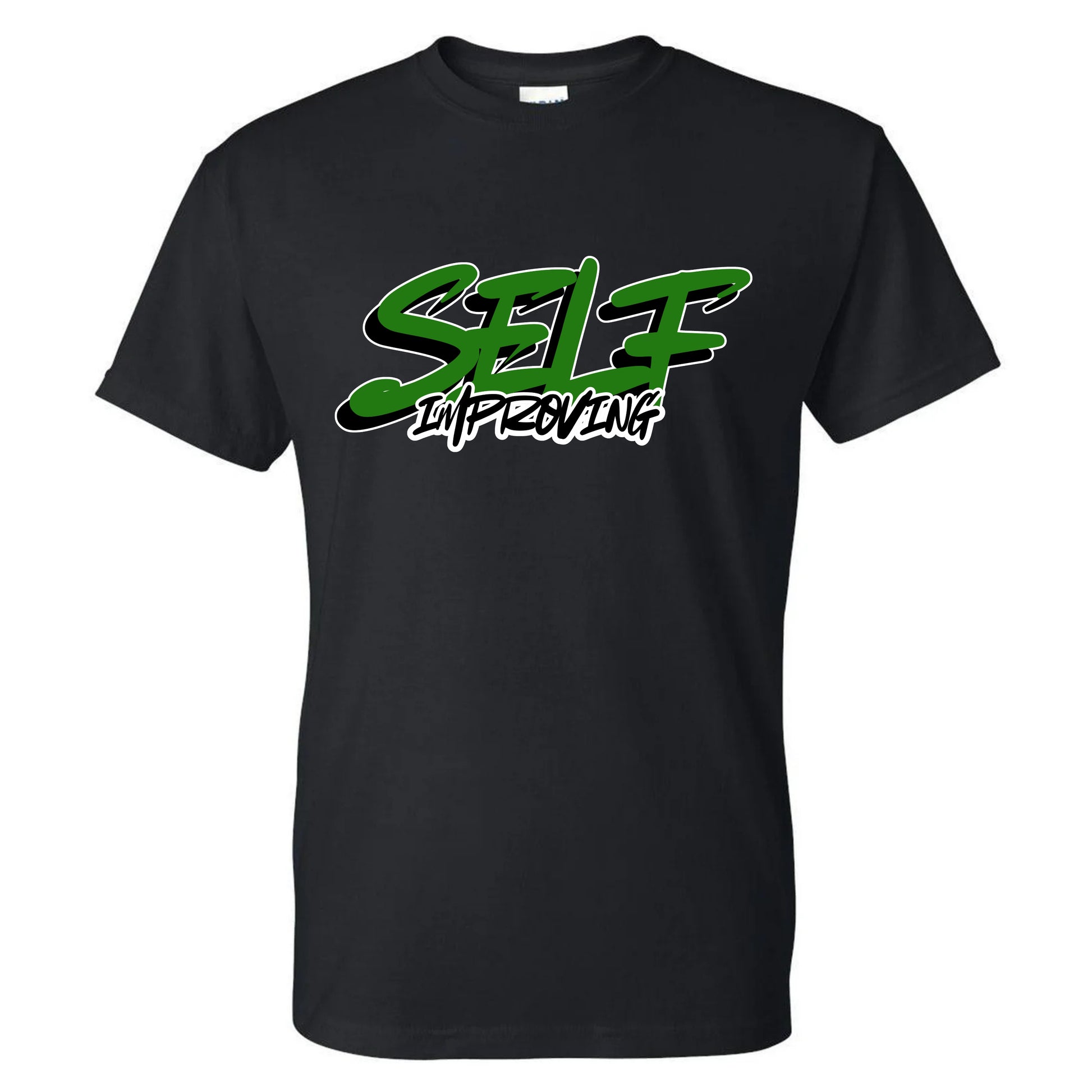 Black t-shirt with green and white text 'Self Improving.'