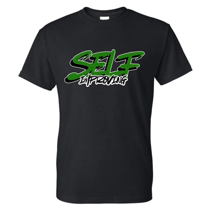 Black t-shirt with green and white text 'Self Improving.'