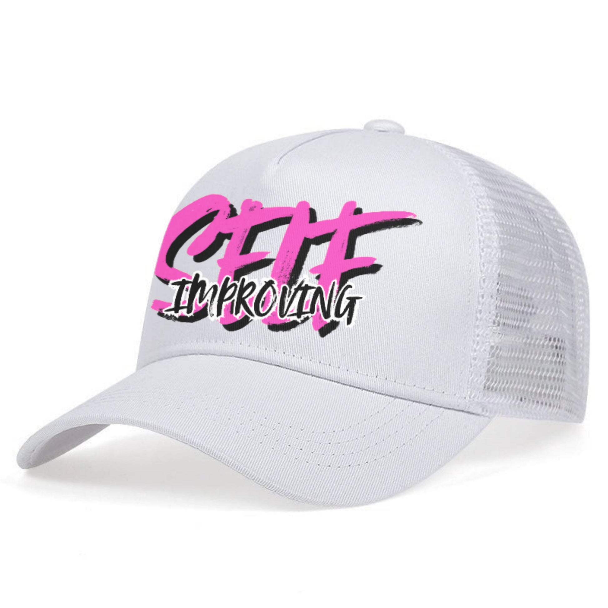 White cap with pink and black text 'Self Improving'