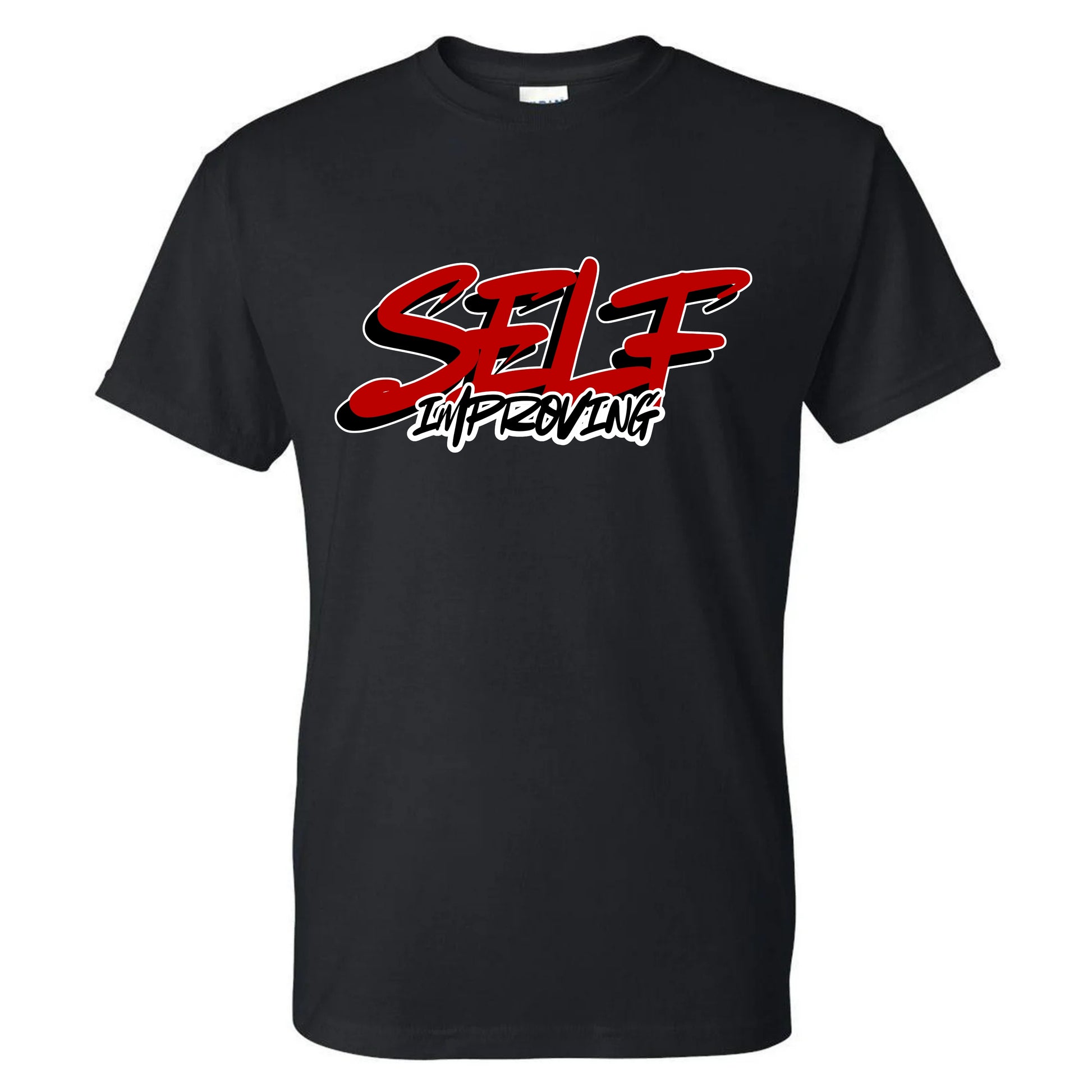 Black t-shirt with red and white text 'Self Improving.'