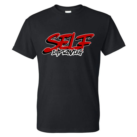 Black t-shirt with red and white text 'Self Improving.'