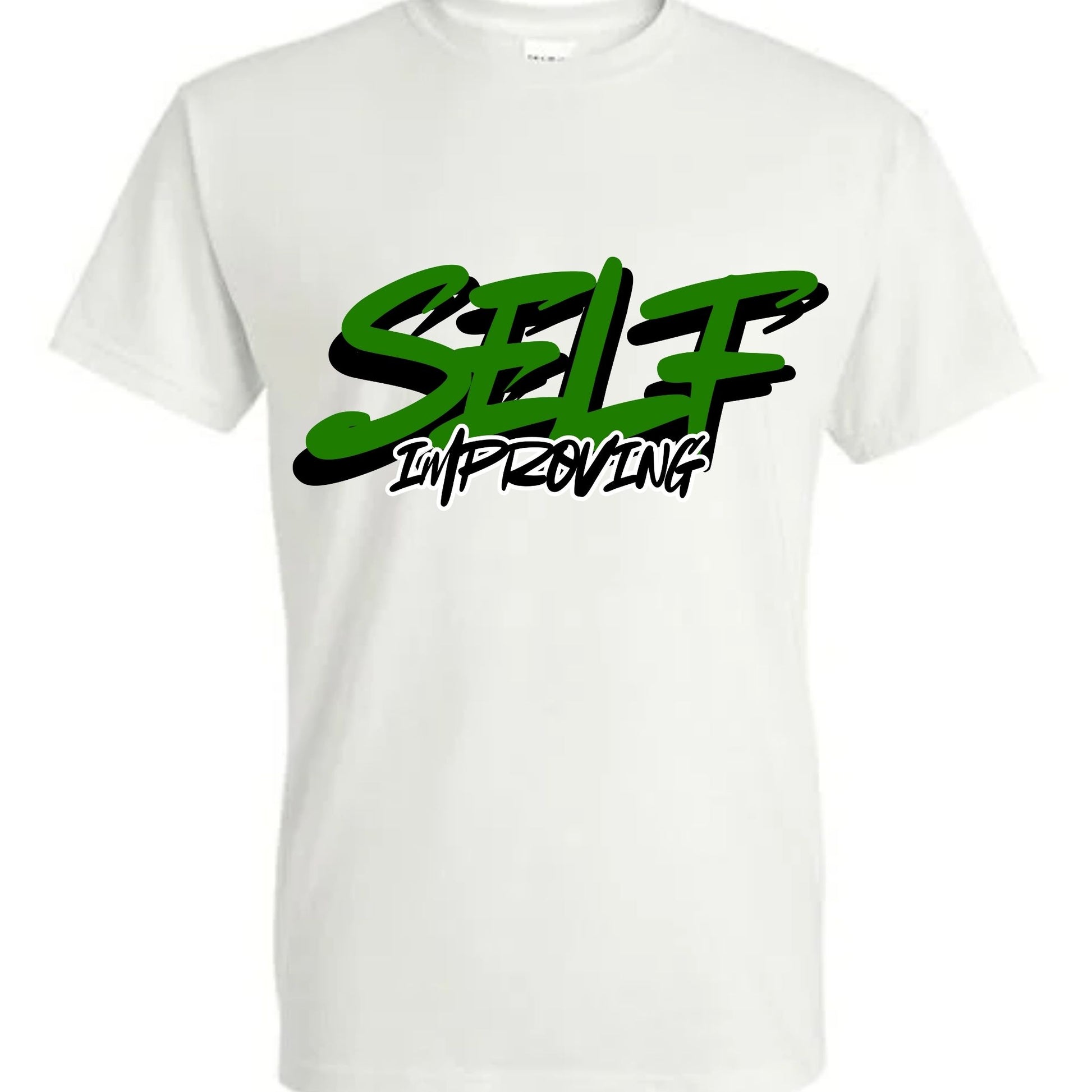 White t-shirt with green and black 'Self Improving' text.