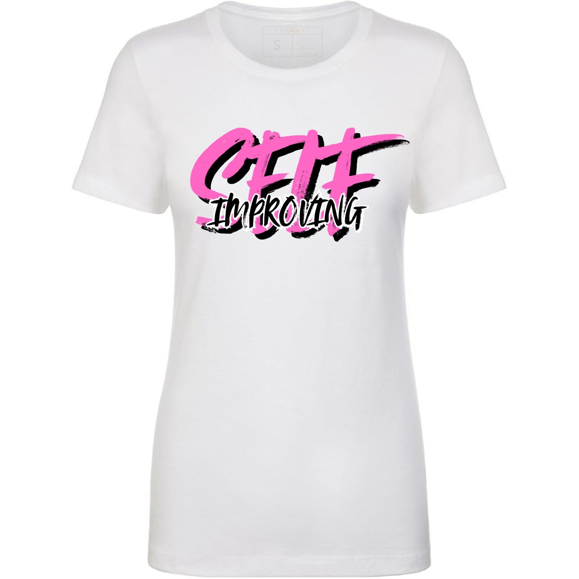 White t-shirt with pink and black 'Self Improving' text.